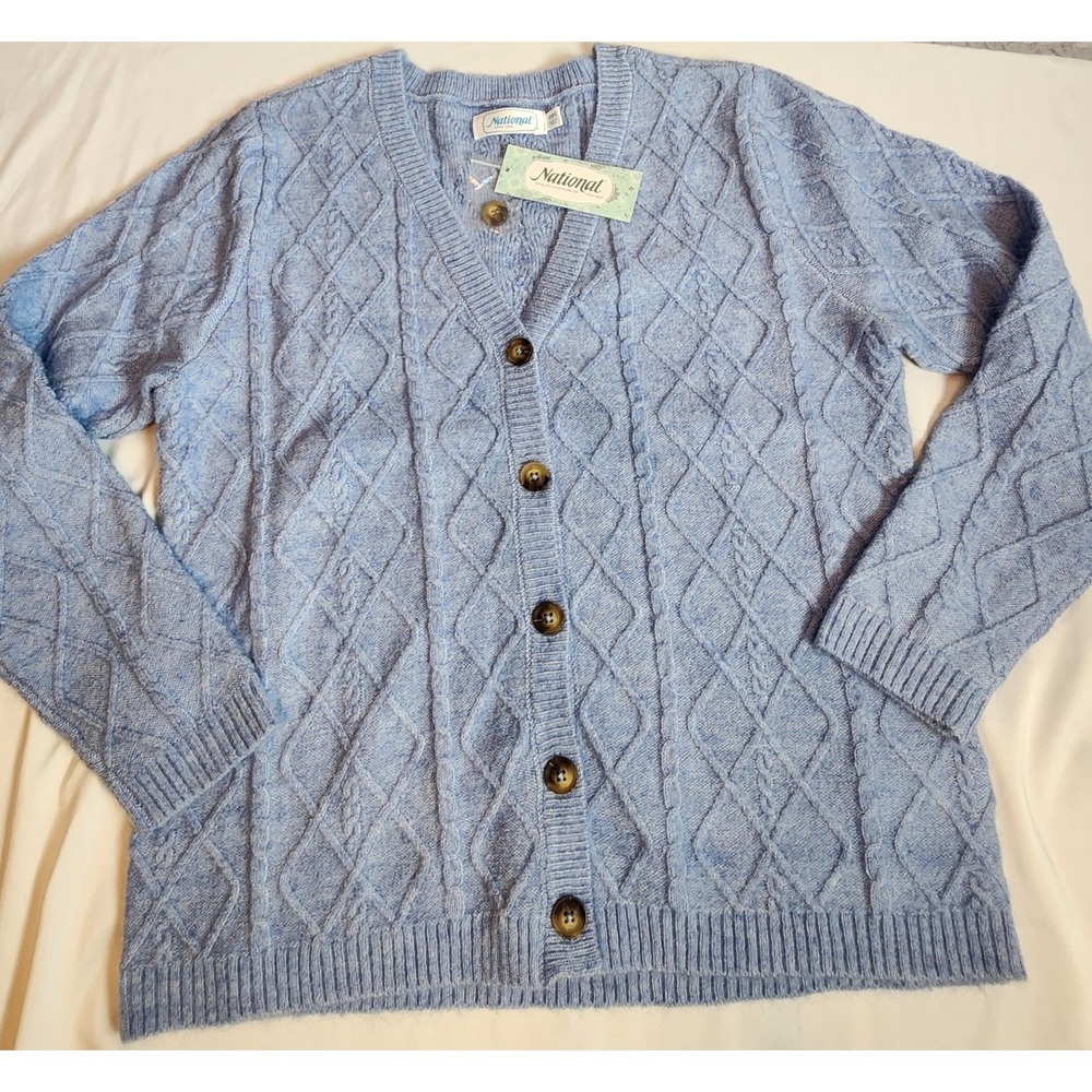 National Blue Cable Knit Cardigan Sweater V-Neck Button Front PM Grannycore Cozy